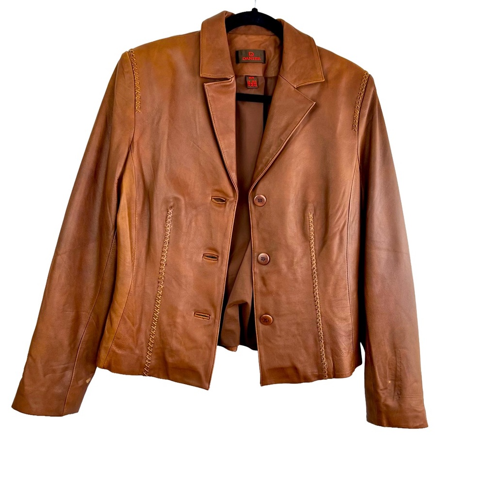 Danier Authentic Vintage Brown Camel Genuine Leather Button Front Blazer size M